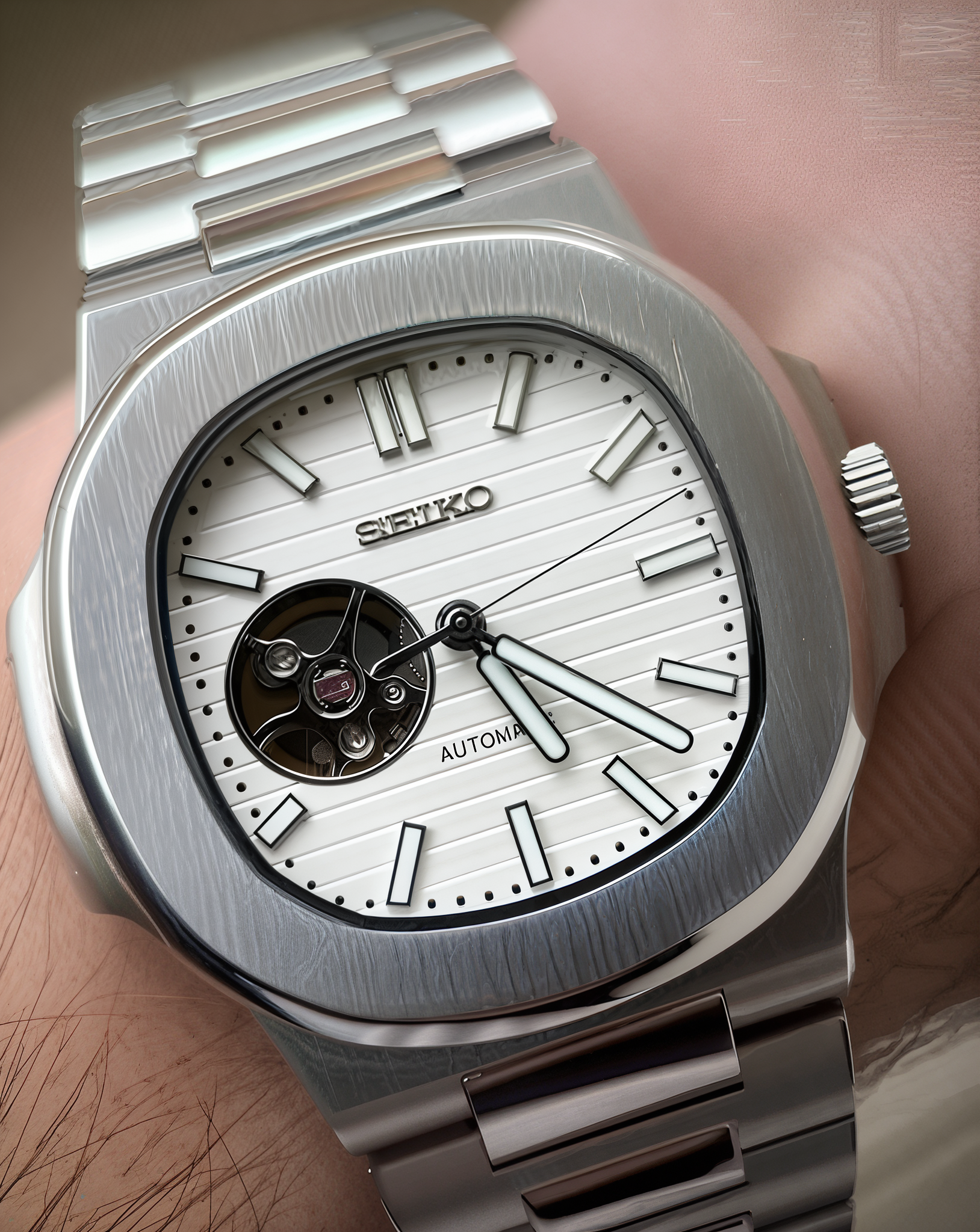 Openheart White Nautilus Seiko mod